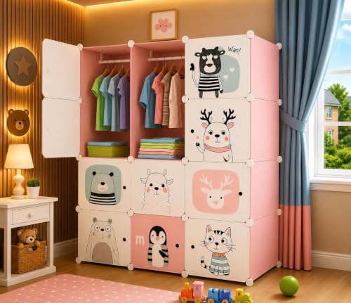 Image of 12 Door Plastic Wardrobe for Kids - Cupboard for Clothes Storage Rack, Almirah for Clothes, Baby Collapsible Wardrobe, Multi-Purpose Kids Storage Organizer for Books,Toy (Pink-KTJ2, 12-Door)