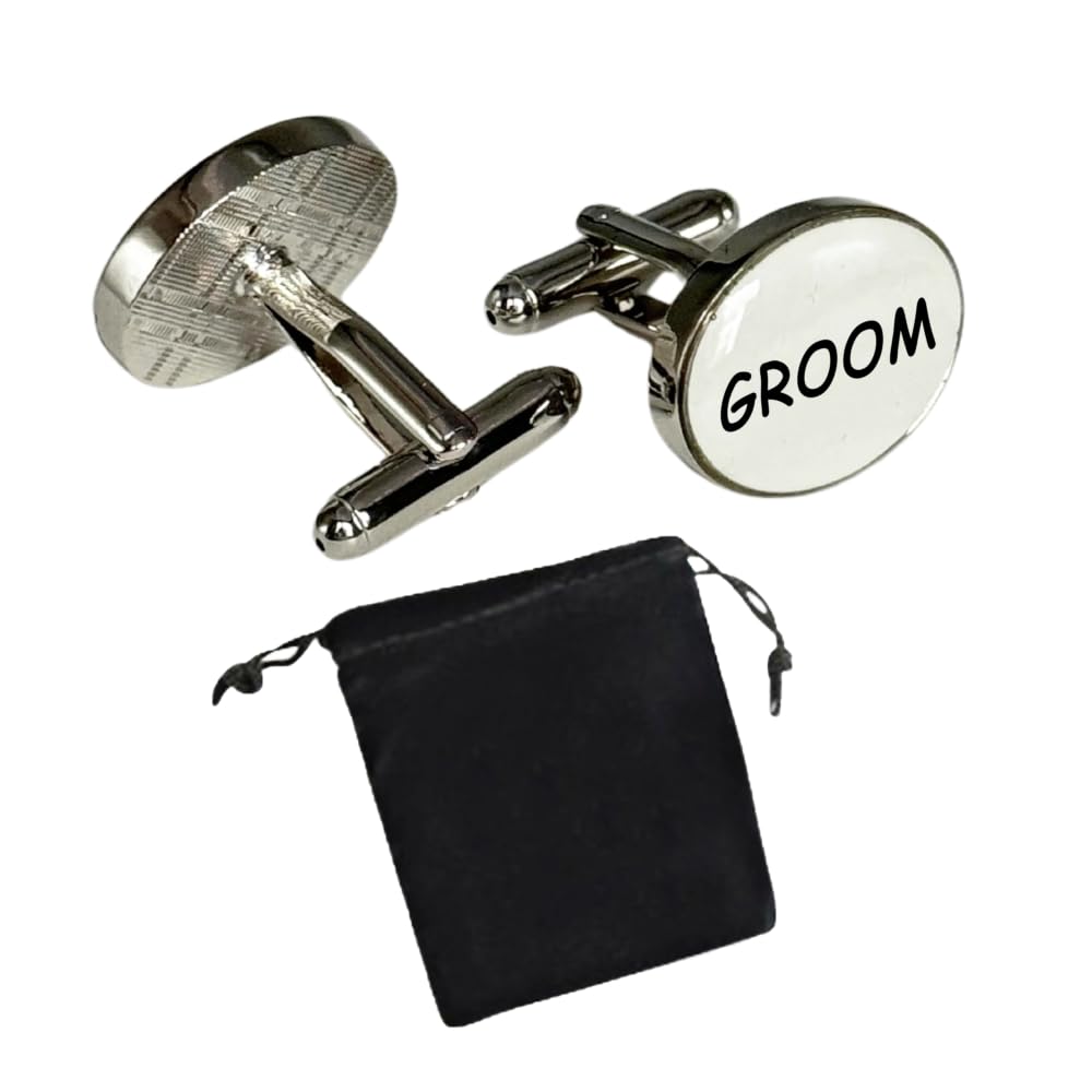 Virens Empourium Men's Wedding Cufflinks WHITE OVAL Cufflink, Groom Best Man Usher Page Boy and Many More Titles, Gift Pouch with Every Pair of Cuff Link (Groom)