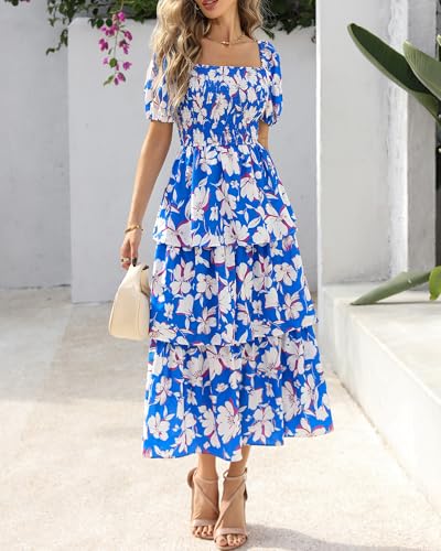 Image of BTFBM Womens Floral Smocked Summer Maxi Dresses | Square Neck Puff Short Sleeve Ruffle Tiered, 2026 Trendy Casual Sundress, Cruise Holiday Beach Vacation Wedding Guest Dress