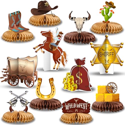 Chrisfall 12 Pcs Western Cowboy Party Decorations Wild West Honeycomb Centerpieces Cowboy Table Decor Western Theme Party Decor for Wild West Birthday Baby Shower Supplies