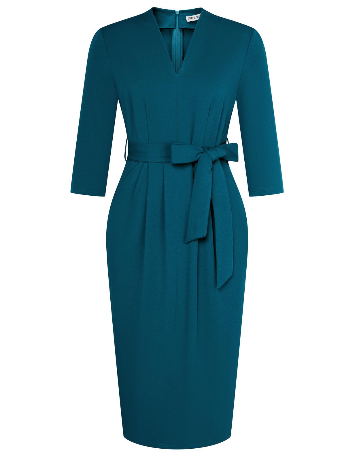 GRACE KARIN Womens Work Dress V Neck 3/4 Sleeve Back Zipper Tie Waist Bodycon