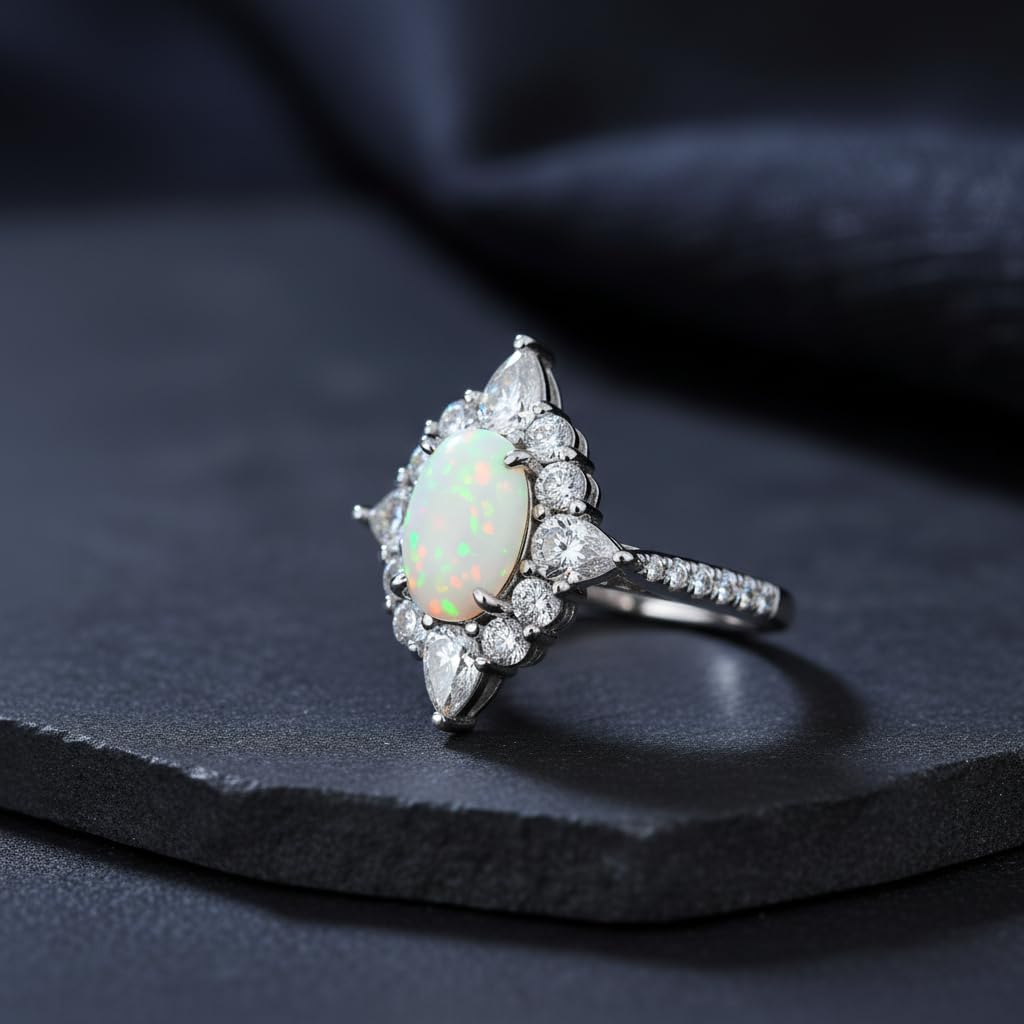 Opal Ring Engagement Ring 2CT Oval Cut Halo Vintage Opal Rings for Women with Moissanite 18k White Gold Plated 925 Sterling Silver