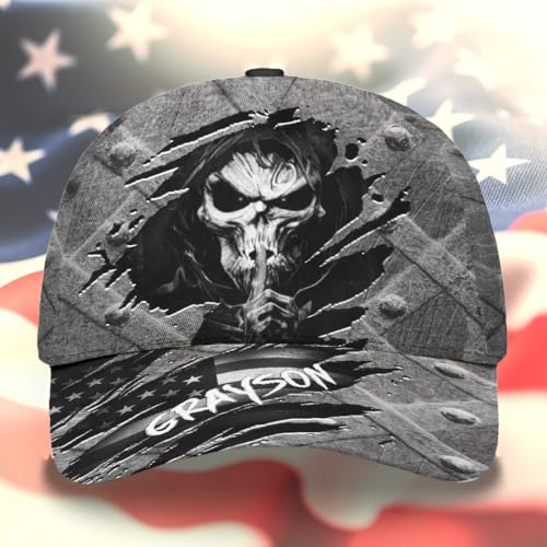Image of Skull Baseball Cap for Men, Grim Reaper Death Crack Old Metal with Flag, Men's Hat, Adjustable Motorcycle Soft Caps