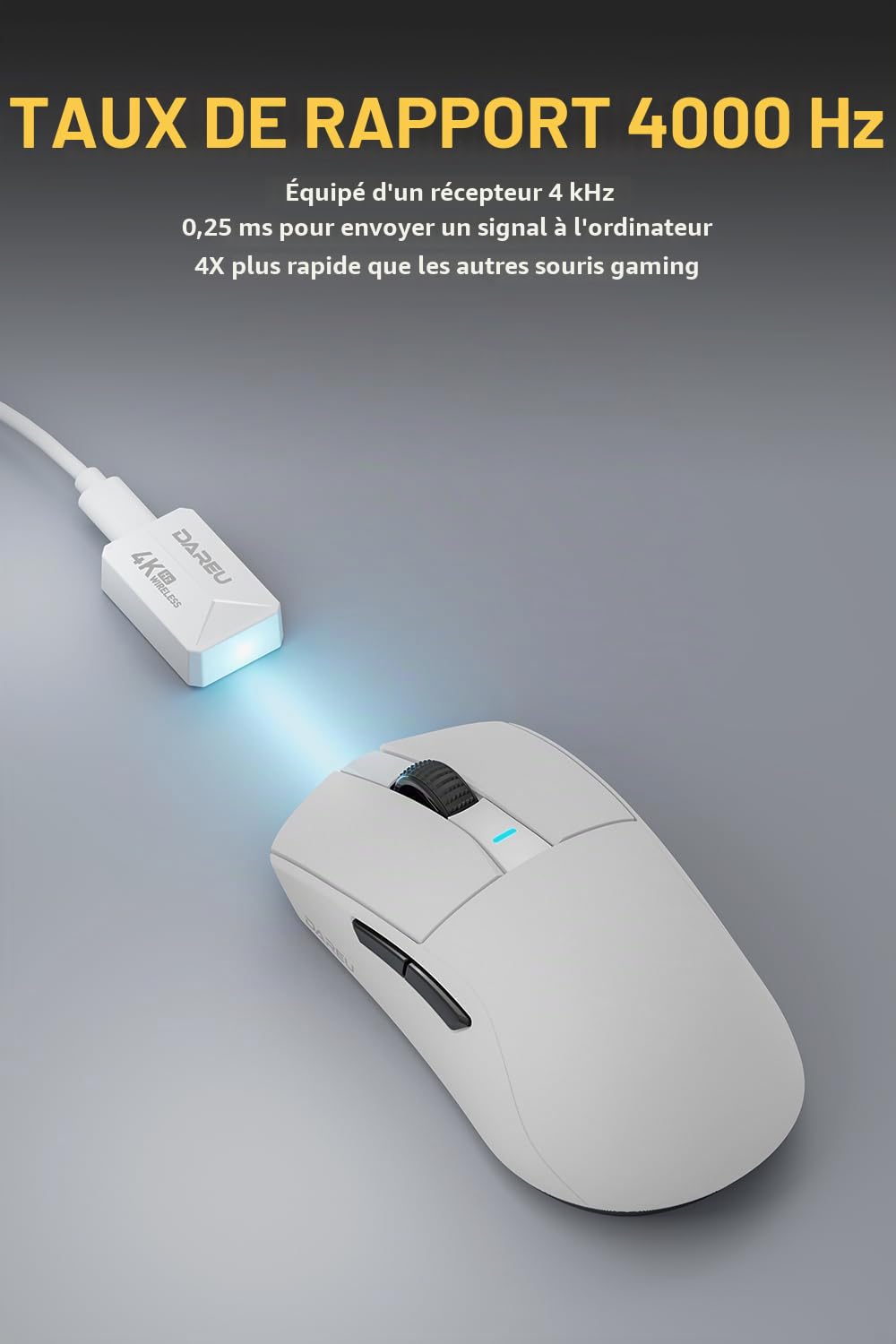 DAREU A950pro 4K Souris Gaming sans Fil: Ultra-légère 55 g, Fréquence de Sondage de 4KHz, Capteur Optique PAW3395, 5 Boutons Programmables, Support 15min Fast Charging et Connexion Tri-Mode (Blanc)