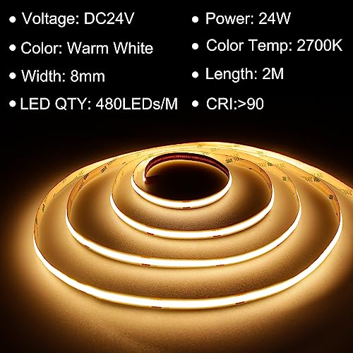 TTWAY COB LED Streifen 2M, 2700K Warmweiße LED Streifen mit Netzteil und Fernbedienung, DC24V, 480LEDs/M, CRI 90+, 8mm Breite, Dimmbare Light Strips für die Schlafzimmerdekoration