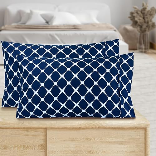 Image of Elegant Comfort Luxury Ultra-Soft 2-Piece Pillowcase Set - 1500 Premium Hotel Quality Microfiber Double Brushed - Wrinkle Resistant, King Size, Bloomingdale Pattern Navy Blue