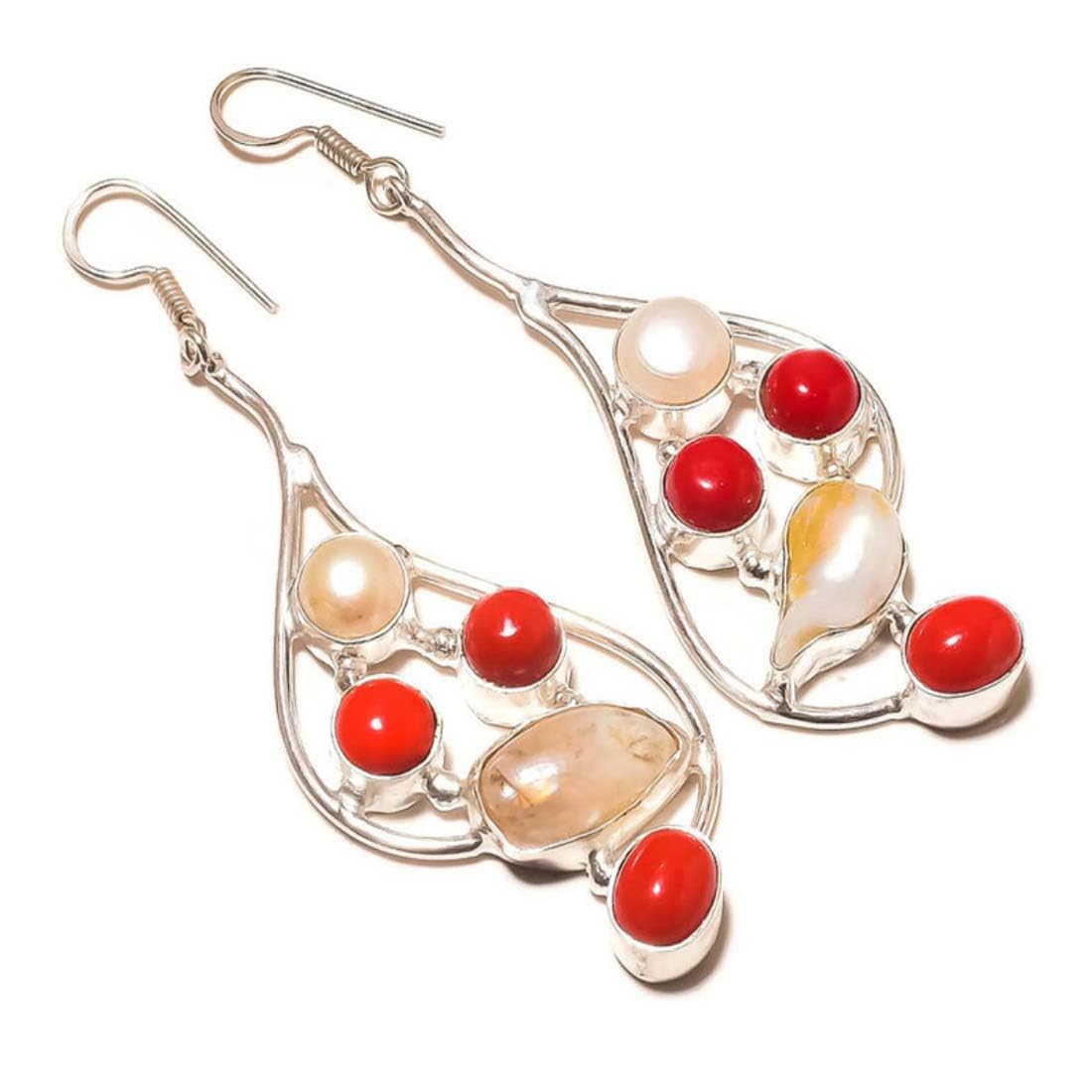 GenericCabochon Red Coral, Biwa Pearl Gemstone Handmade Drop Dangle Earrings for Women, Coral Earrings, Pearl Earrings, Stone, Coral Pearl