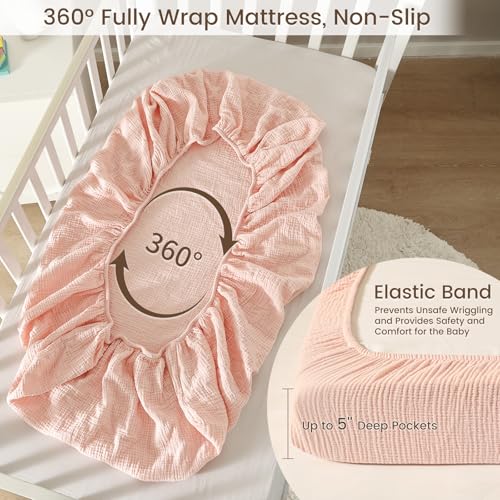 Image of david's kids Muslin Mini Crib Sheets, 2 Pack Cotton Pack N Play Sheets for Girls, Soft Breathable Baby Sheets Fit Pack N Play, Playard and Mini Crib Mattresses, Snow White & English Rose