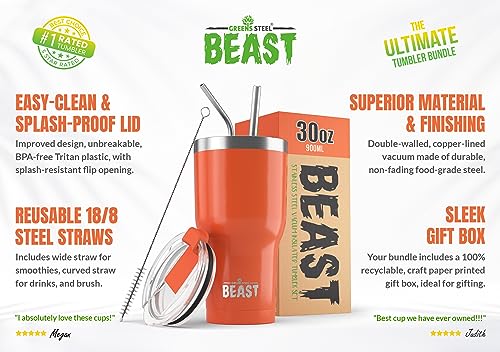 Beast 30 oz Tumbler Stainless Steel Vacuum Insulated Coffee Ice Cup Double Wall Travel Flask (Orange)