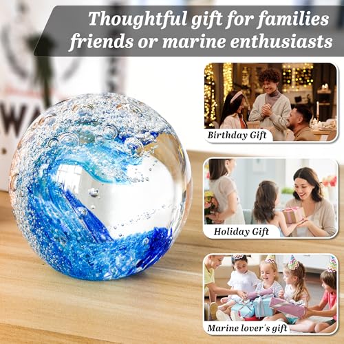 QIANCHANG 3.15\" Large Ocean Wave Glass Paperweight, Hand Blown Sea Glass Figurines, Blue Waves Decor Coastal Beach Themed Gifts - Thumbnail 5