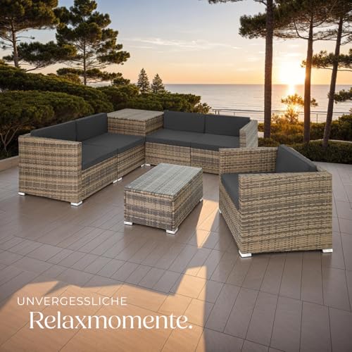 TecTake 800825 XXL Polyrattan Sitzgruppe, frei zu gruppierende Elemente, inkl. Aufbewahrungsbox mit Hubautomatik für Polster, Tisch mit Glasplatte (Natur | Nr. 403725) - 9