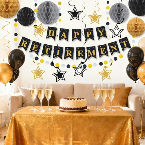 Image of Happy Retirement Party Decorations for Men Women Black Gold Happy Retirement Banner Honeycomb Balls Pentagram Hanging Swirl Streamers Circle Dots Garland