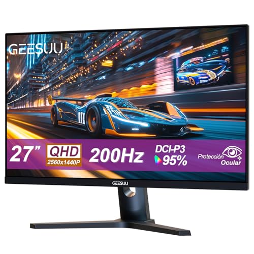 GEESUU Monitor Gaming 27 Pulgadas, PC Pantalla Ordenador 200Hz, QHD 1440p, IPS, 95% DCI-P3, Baja Luz Azul, Azul Claro, Parpadeos, HDMI 2.1 & DP 1.4
