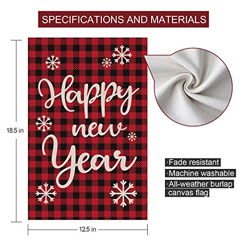 Zyp Happy New Year Burlap Garden Flag, Double Sided 12.5 X18.5 Inch Decorative Red Plaid New Year Christmas Winter Garden Yard Banner Flag Lawn Outdoor Decoration #TOP1