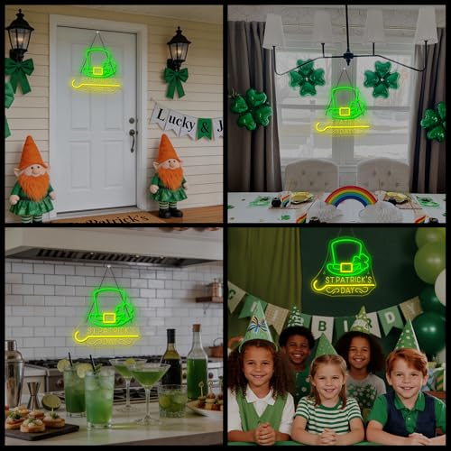 Image of Horseneon St Patricks Day Neon Sign Shamrock Neon Light LED Signs St Patricks Day Decorations Dimmable Green Gold Colors for Wall Art Bedroom Living Room Home Bar Decor