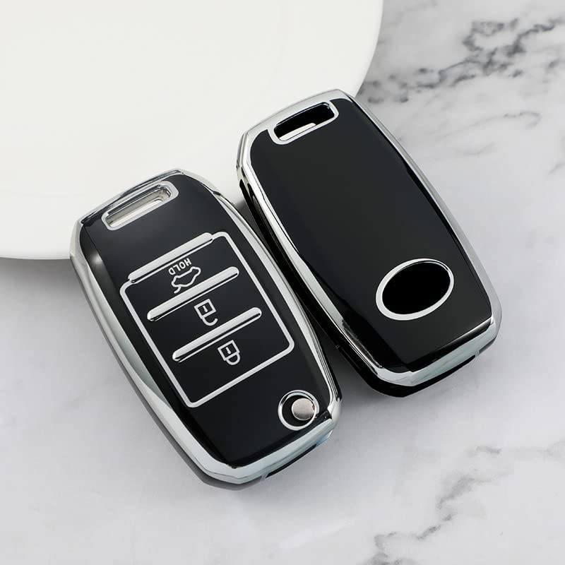 HIBEYO Custodia In Silicone TPU Per Chiave Auto KIA – Adatta Per Rio K2 K3 K4, Ceed, Picanto, Sportage E Hyundai (3 Tasti, Nero) + Portachiavi