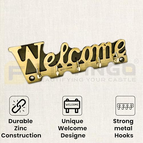 Image of Welcome Key Holder for Wall /Zinc Metal Key Stand with 5 Hooks /Decorative Wall Key Hanger for Home, Entryway & Office /Vintage Style Key Organizer - Brass Antique Finish-| 3 Years Warranty |