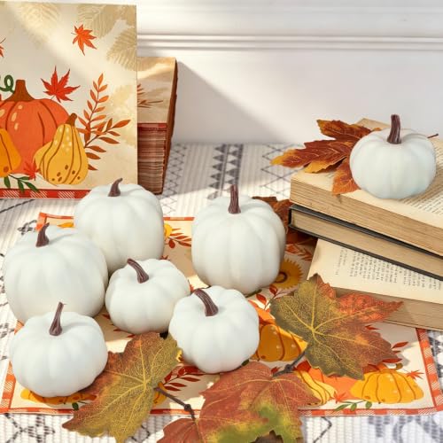 Image of Ghrdopy Fake Pumpkins, 7 Pcs White Artificial Pumpkins, Plastic Pumpkins for Thanksgiving Party Table Centerpiece Autumn Home Decoration-A