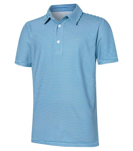 Cuddomper Boys Performance Polo Size 13-14 Dry Fit Short Sleeve Golf Shirt Aqua Blue Striped School Uniform for Active Casual
