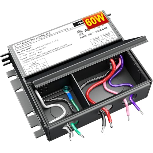 Dimmable LED Driver 12V 60W, 5-1 LED Transformer Compatible with Lutron and Leviton Dimmer Switch,Smooth Flicker Free Dimming, ETL& Class 2& FCC Certified, Triac/0-10V/RX/1-10V Dimmable Power Supply