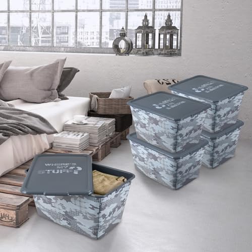 Image of SIMPLYKLEEN 4 Packs 58 QT Plastic Storage Bins with Grey Camoflauge Print Lids, Stackable Storage Container, Large Storage Box for Organizing Garage, Closet, Kitchen, Made in the USA