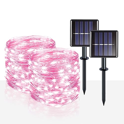 Suddus Pink Solar String Lights For Outside, 2 Pack Total 66Ft 200 Led Pink Fairy Lights Outdoor cover