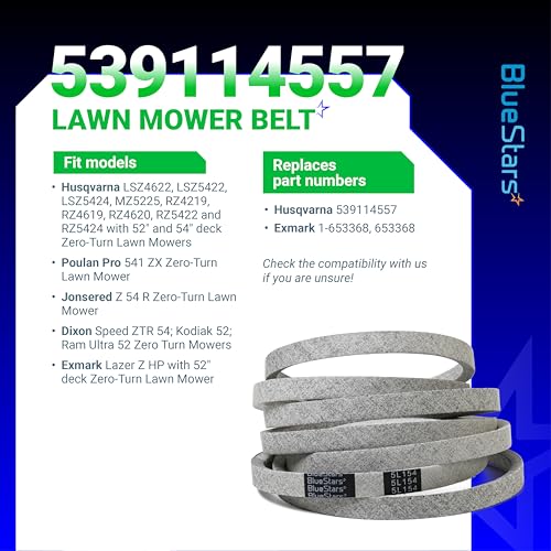 Image of BlueStars 539114557 Mower Drive Belt | Aramid Cord | 154 inch x 0.63 inch | For 52 inch and 54 inch Deck Husqvarna Z254 RZ5424 RZ5426 Poulan Jonsered Dixon Replaces Husqvarna 539114557 Exmark 1-653368 653368