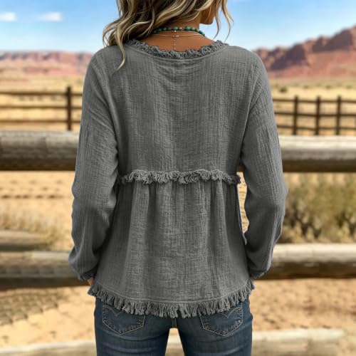 Boho Shirts for Women V Neck Button Tops Ruffle Trim Pullover Tops - image 3