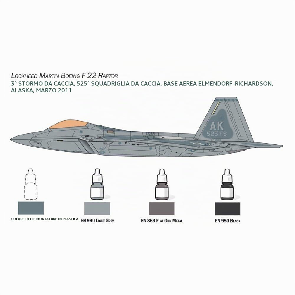 Italeri 72011 Complete Set For Modelling: F-22 Raptor, scala 1:72, Plastic Model Kit/Modello in plastica da montare completo di tutti gli accessori