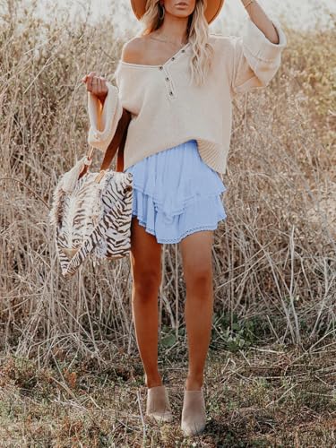 Image of Aoudery Flowy Shorts for Women Casual Boho Ruffle Tiered Skorts High Waist Mini Skirts Golf Tennis Crochet Shorts