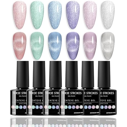 Image of THR3E STROKES Gel NailPolish Cat Eye Gel Nail Polish Set, 6 Color Jelly Shimmer Glass Cat Eye Gel Nail Polish with Magnet Nude Reflective Clear Champagne Pink Purple Magnetic Gel Polish Gift Set 7ML (UV /LED LIGHT REQUIRED) (ASTEROID N54, )
