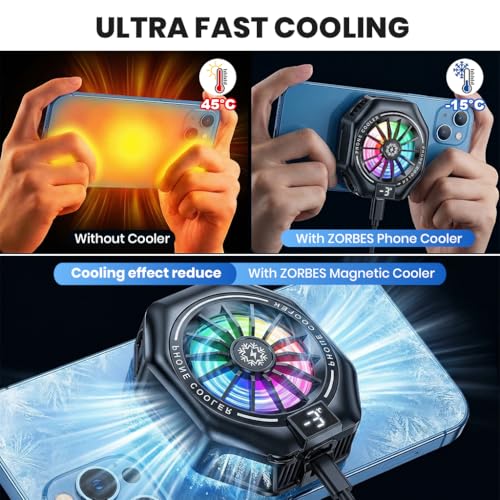 Image of ZORBES Phone Cooler for Gaming, 15W Magnetic Mobile Cooler, Gaming Cooling Fan with 3 Level Model Dislay, RGB Light, Semiconductor & 7-Blade Fan, Phone Cooling Pad for IOS & Android Phones