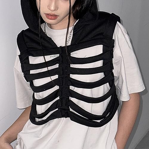 Women Gothic Skeleton Vest Y2k Hoodies Sleeveless Waistcoat Hollowed Skeleton Gilet For Men Unisex Outwear2