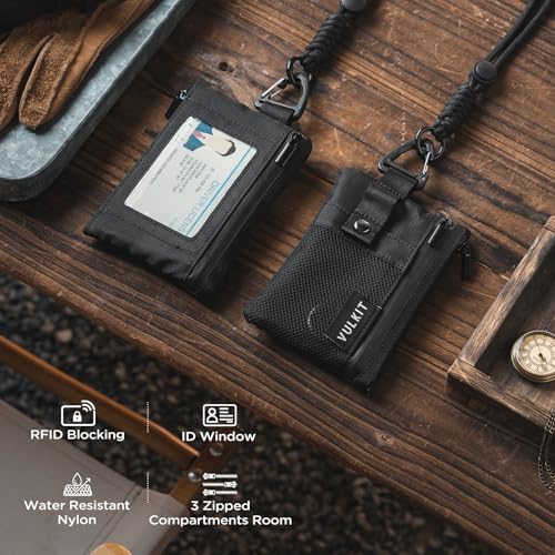 VULKIT Small RFID Wallet for Women & Men – Minimalist Zipper Wallet with ID Window, Keychain & Carabiner, Holds 15 Cards, Water Resistant Travel Lanyard Wallet Black3