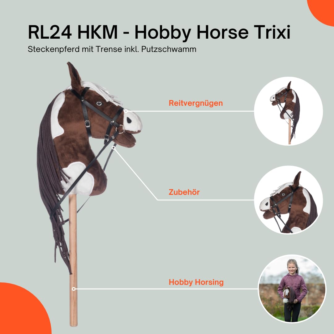RL24 HKM - Hobby Horse Trixie inkl. Putzschwamm – Steckenpferd mit Trense – Spielpferd aus Plüsch mit Holzstock & Langer Mähne – Stockpferd ohne Griffe & Rollen – braun/weiß