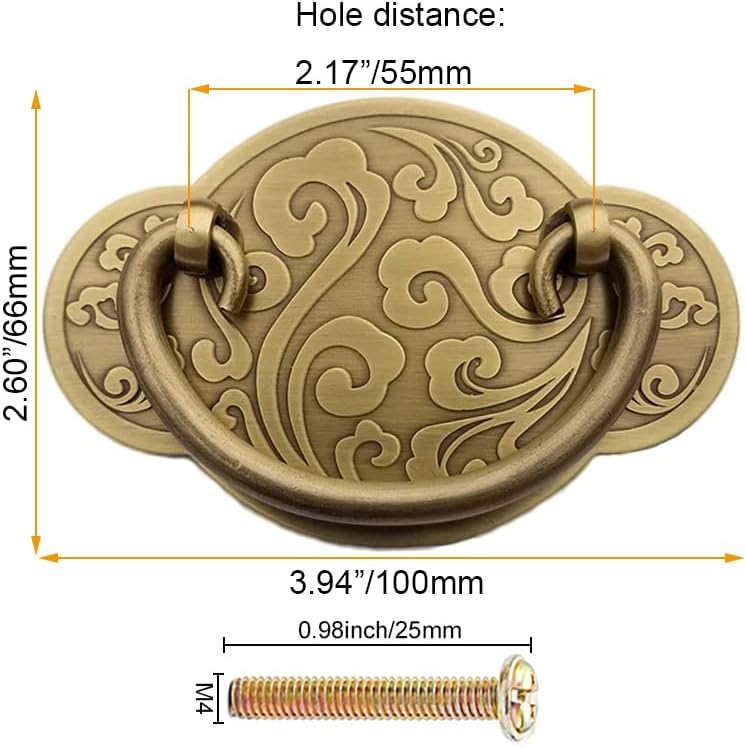 Vintage Round Pure Copper Embossing Drawer Wardrobe Pulls Heavy Duty Antique Brass Handle