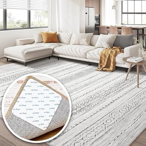 Nakagishi 8x10 Large Soft Machine Washable Boho Living Room Rugs with 12 Pcs Rug Tape Set Cover