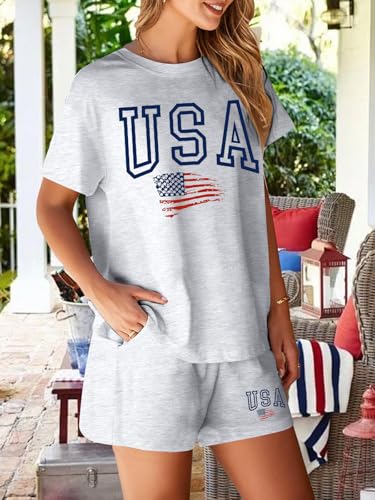 Image of VILOVE 4th of July 2 Piece Sequin Outfits Women Star Stripe Shirts and Short Sets Casual Patriotic Shirt Summer Set