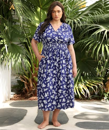Image of CARCOS Plus Size Dresses for Curvy Women V Neck Summer Maxi Dress Short Sleeve Floral Boho Dress Smocked Waist Beach Dress