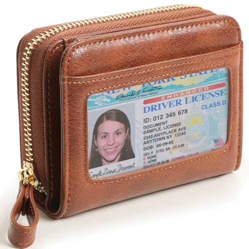 Image of Genuine Wallet Women RFID Blocking Card Holder, Small Leather Womens Wallet with Zipper ID Window Coin Pocket