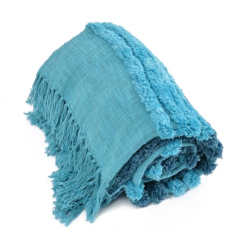 Image of 100% Handloom Aqua & Blue Cotton Sofa Throw | 50x60 inch Soft Lightweight Boho Blanket for Sofa & Bed | Decorative All-Season Couch Cover with Tassels