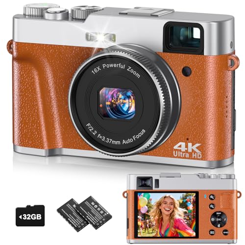 4K Digital Camera for Photography, 48MP Autofocus Vlogging Cameras with 16X Digital Zoom, 2.8' LCD Point and Shoot Camera for YouTube, Anti-Shake Compact Cameras with 32GB Micro SD Card & 2 Batteries