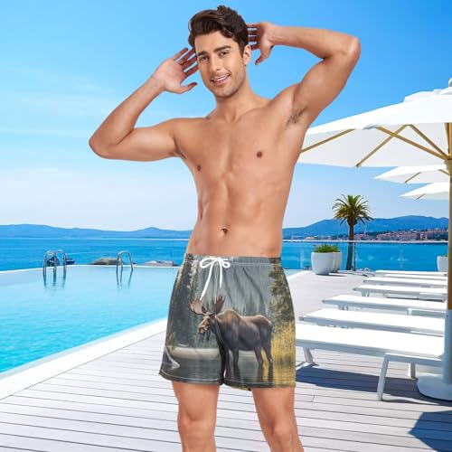 Mens Swim Trunks with Liner, Lake Moose Landscape Cool Quick Dry Beach Swim Shorts, Swimwear Bathing Suits S4