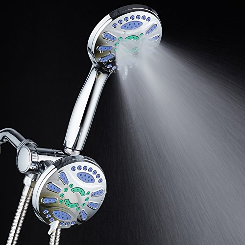 AquaStar Elite 3-in-1 High-Pressure 48-mode Spa Shower Head Combo with Microban Antimicrobial Anti-Clog Jets for More Power & Less Cleaning! Extra-Long 5 ft. Stainless Steel Hose. All Chrome Finish