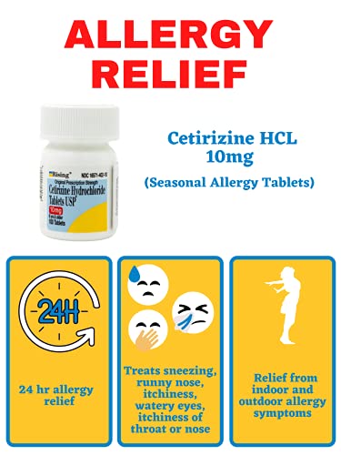 Image of Rising Health Cetirizine HCL 10 mg 24 Hour Allergy Relief Tablets | Fast-Acting Medicine for Indoor & Outdoor Allergies | Antihistamine for Sneezing, Runny Nose & Itchy Eyes - 100 Tablets