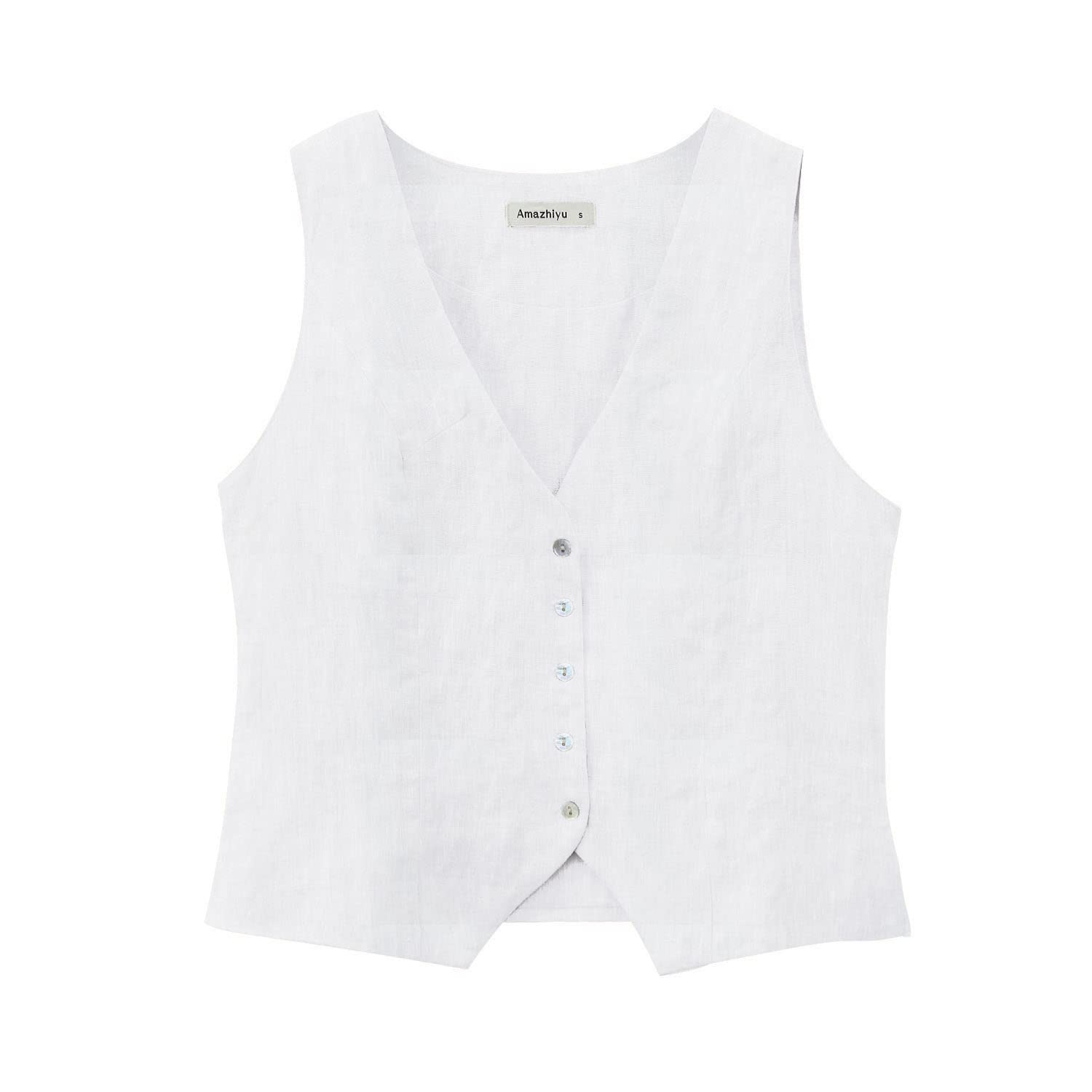 Amazhiyu Gilet da donna in puro lino, senza maniche, con bottoni, scollo a V, top estivo, gilet con cinturino regolabile