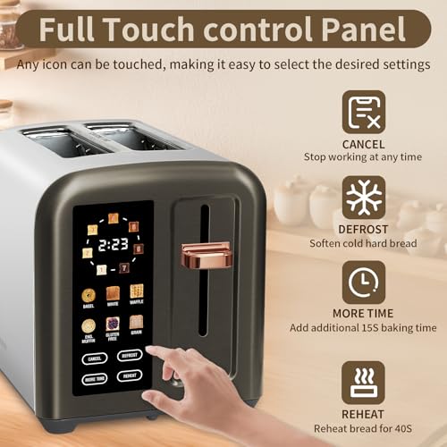 SEEDEEM Toaster 2 Slice, Full Touch Control Stainless Toaster, LCD Display, 50% Faster Heating Speed, 6 Bread Type, 7 Shade Setting, 1.5''Wide Slots, Removable Crumb Tray, 1350W, Dark Metallic