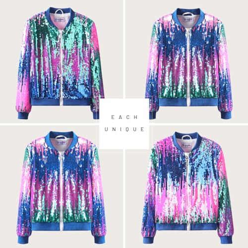 WELAKEN Girls' Ombre Sequin Bomber Jacket with Pockets Lightweight Sparkle Long Sleeve Zipper Gradient Jackets for Kid4