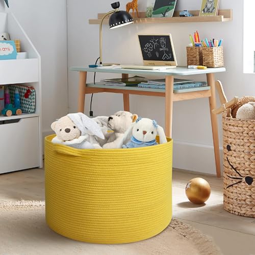 Image of MEGASKET Extra Large Yellow Basket, 22 inch X 22 inch X 14 inch Cotton Rope Yellow Decor for Living Room Bedroom, Woven Basket for Blanket, Laundry, Towel, Shoe, Baby Nursery Toy Organizer, Room Decor Storage Bin
