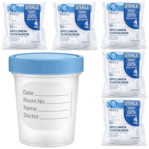 Vakly Sterile Urine Specimen Cups 4 oz (5 Pack) – Clear Sample Collection Containers with Leak-Proof Screw-On Lids, Individually Bagged for Urine, Stool, and Lab Testing